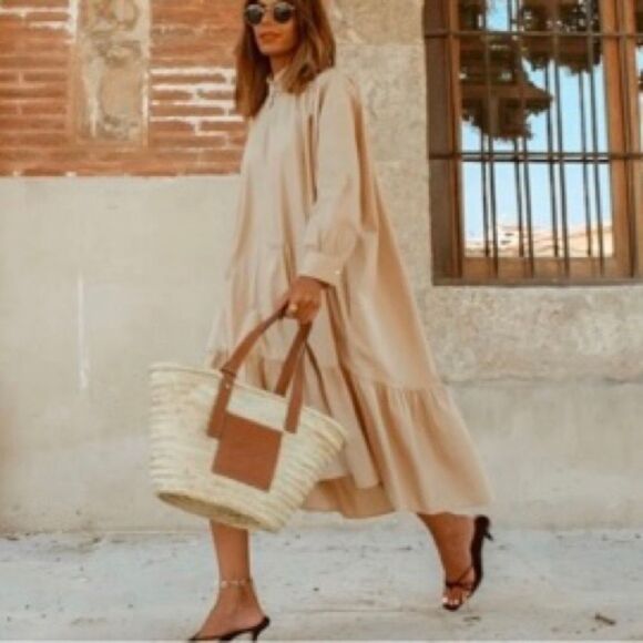 ZARA Cotton Long Sleeve Poplin Midi Dress Camel S - Picture 2 of 16